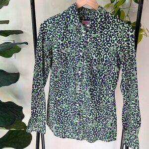 Lilly Pulitzer Leopard Print Long Sleeve Button Down Shirt Green Blue Cat Size 2